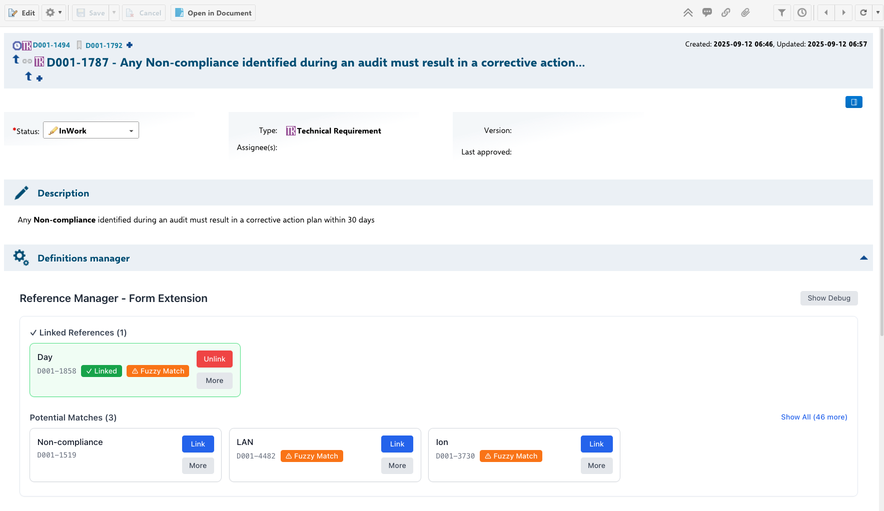 RefSense screenshot showing cross-project reference management in Polarion
